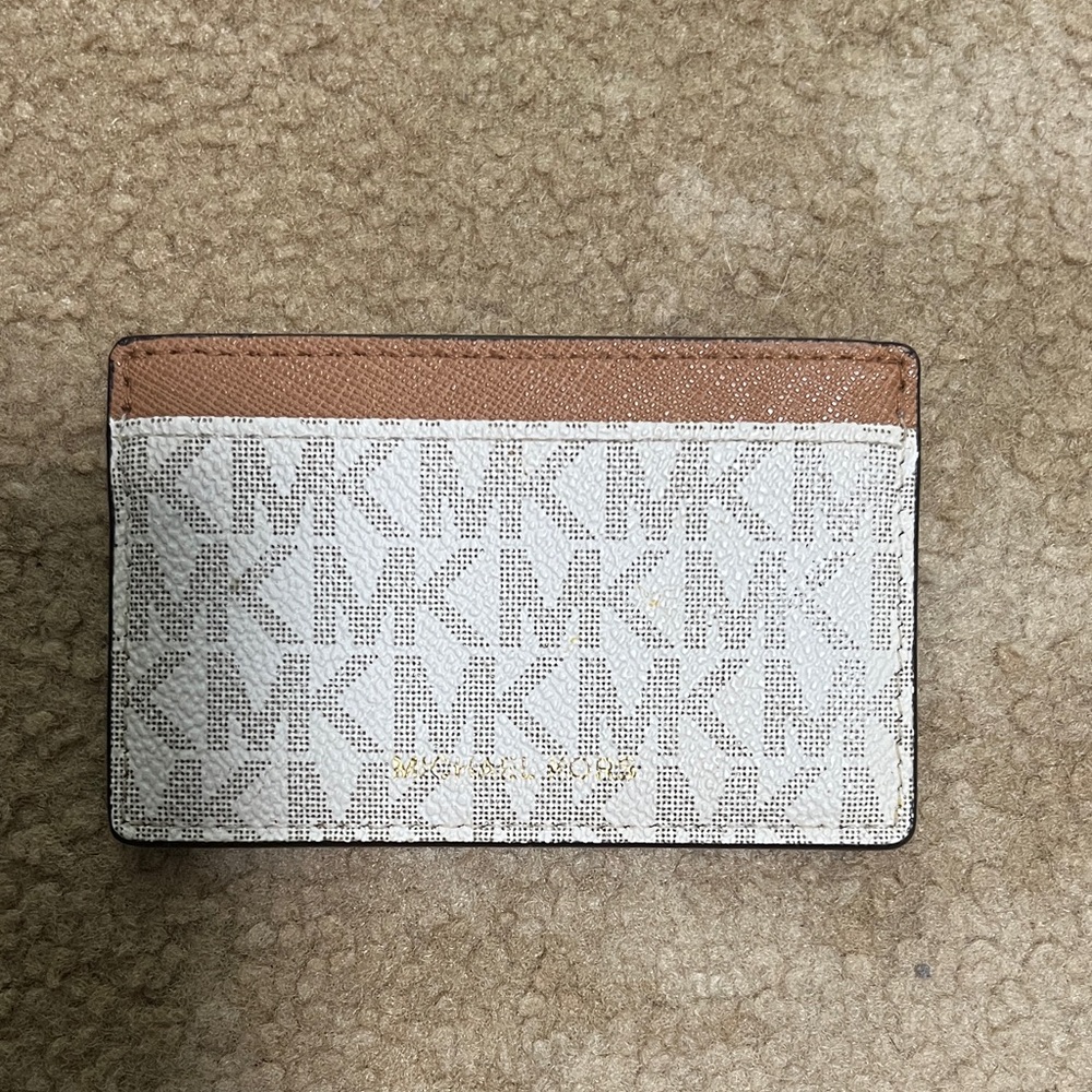 Michael Kors White Logo Card Holder with Tan Trim